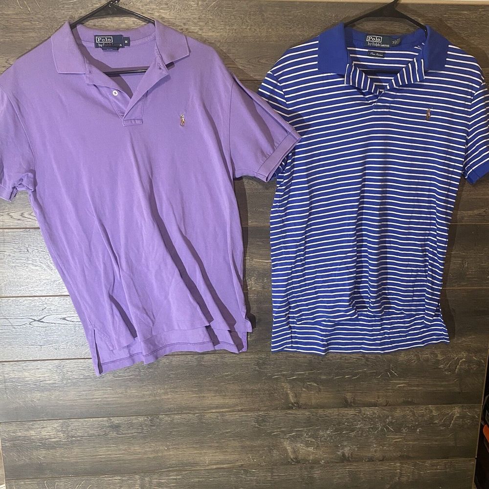 2 Polo Ralph Lauren Pony Shirt Medium Pima Soft Touch Blue Purple Striped Casual